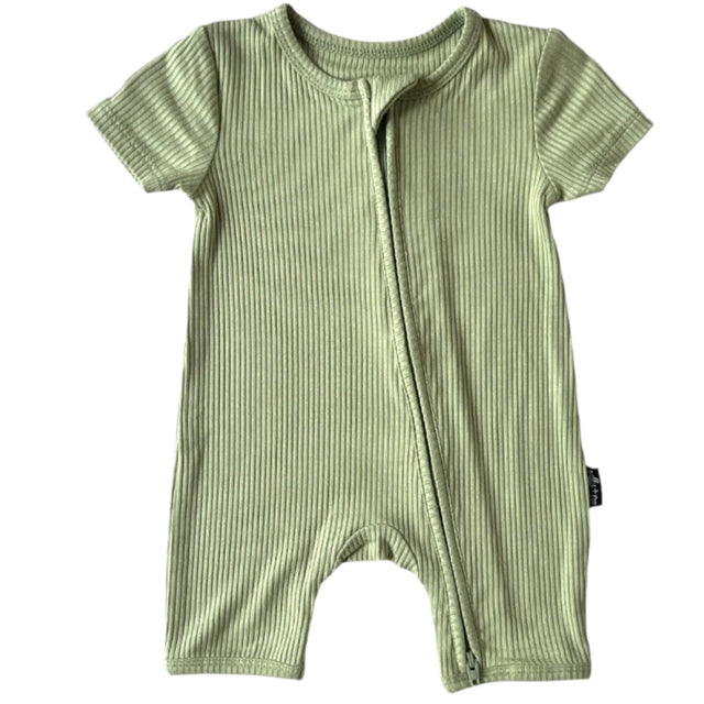 SHORTIE ZIP ROMPER - Pistachio Ribbed - HoneyBug 