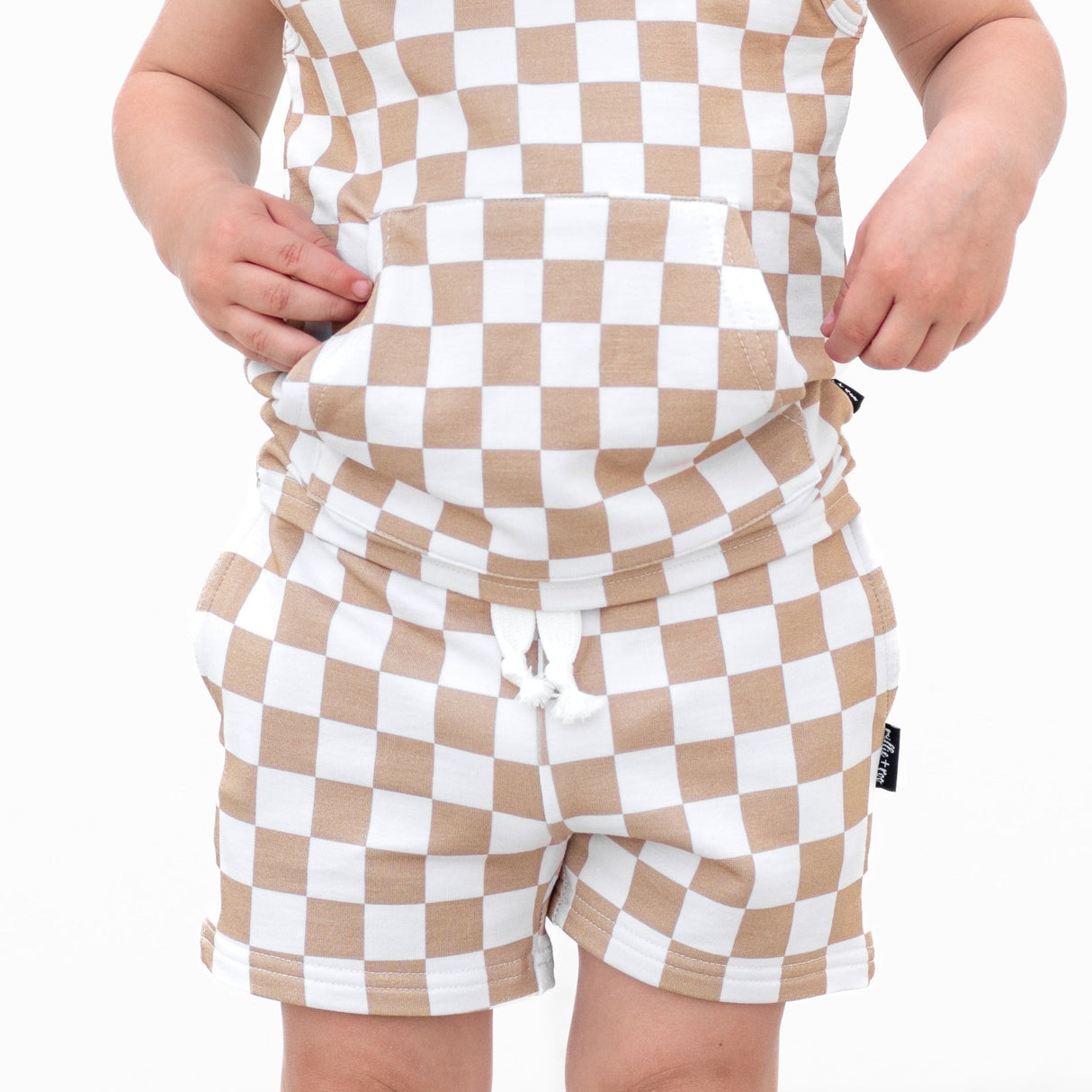 BAMBOO JOGGER SHORTS- Tan Check - HoneyBug 