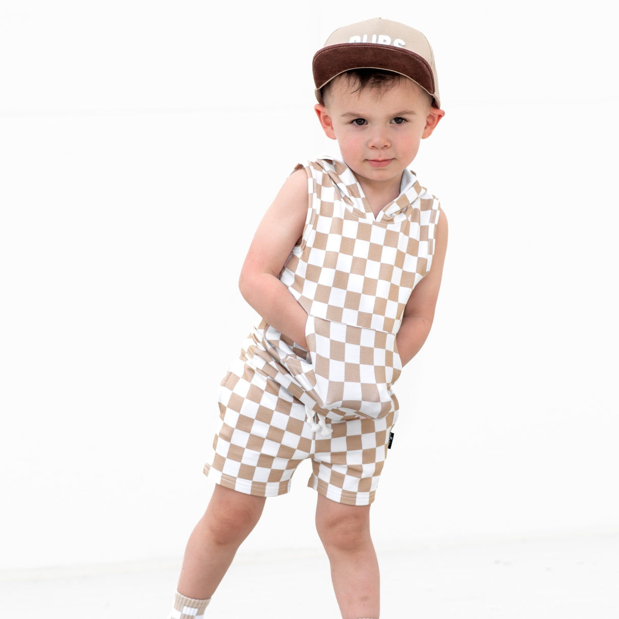 BAMBOO JOGGER SHORTS- Tan Check - HoneyBug 