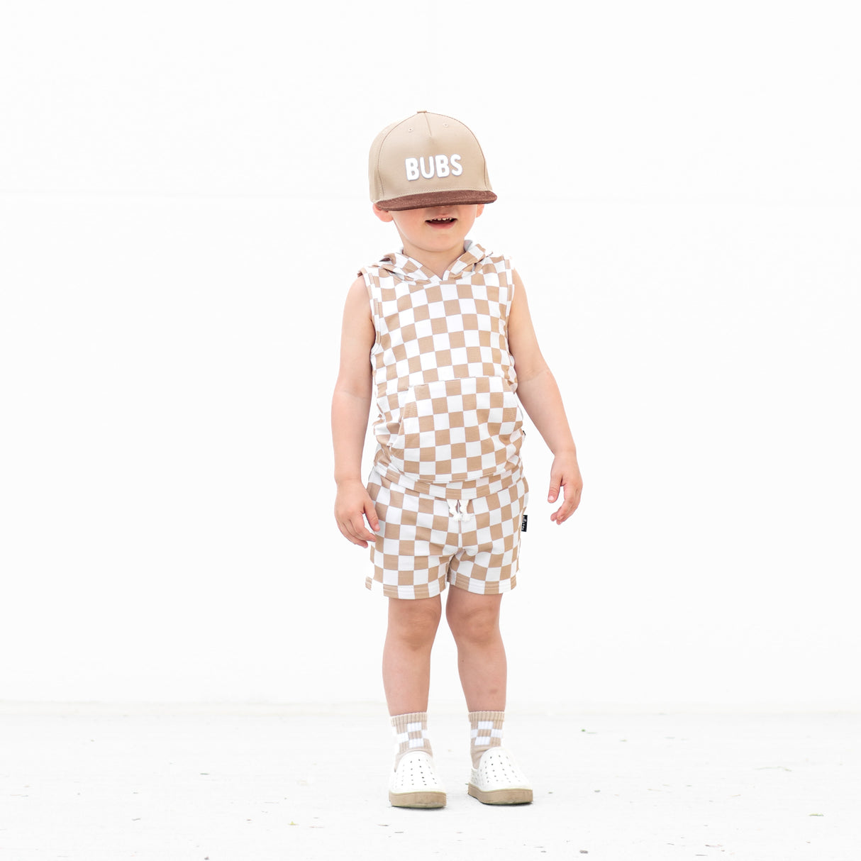 BAMBOO HOODIE TANK- Tan Check - HoneyBug 