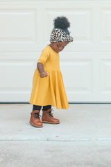 MID SLEEVE TWIRL DRESS- Honey Mustard Ribbed - HoneyBug 
