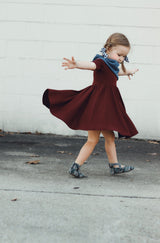 MID SLEEVE TWIRL DRESS- Black Cherry Ribbed - HoneyBug 