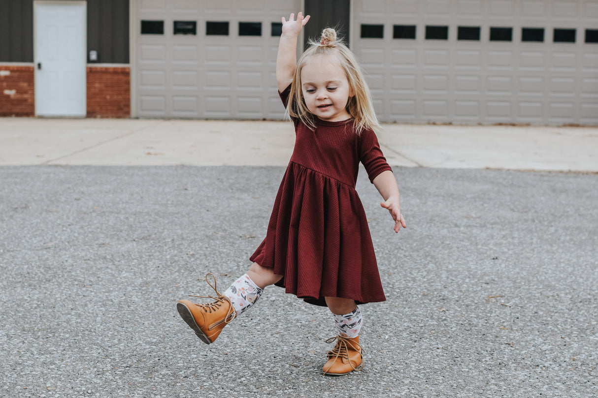 MID SLEEVE TWIRL DRESS- Black Cherry Ribbed - HoneyBug 