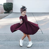 MID SLEEVE TWIRL DRESS- Black Cherry Ribbed - HoneyBug 