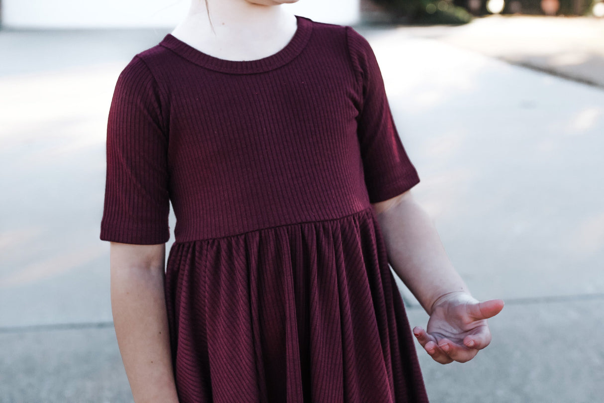 MID SLEEVE TWIRL DRESS- Black Cherry Ribbed - HoneyBug 