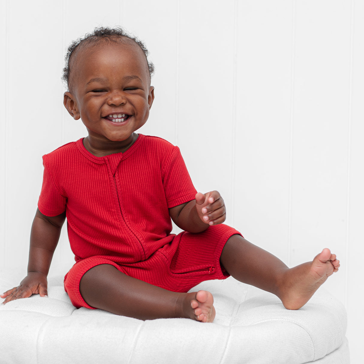 SHORTIE ZIP ROMPER - Red Ribbed - HoneyBug 