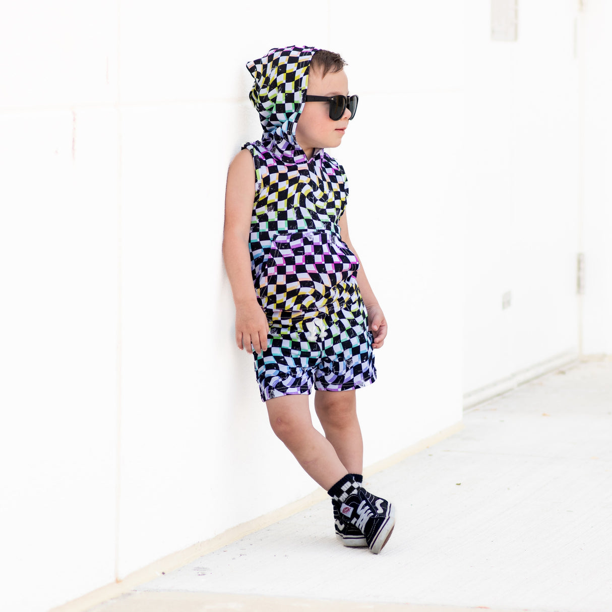 BAMBOO HOODIE TANK- Neon Dizzy Check - HoneyBug 