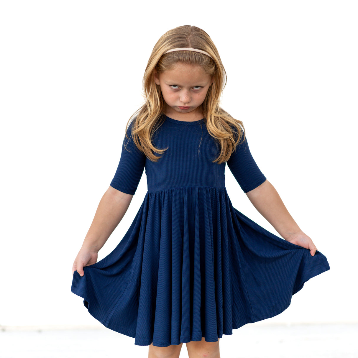 MID SLEEVE TWIRL DRESS- Navy Ribbed - HoneyBug 