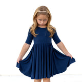 MID SLEEVE TWIRL DRESS- Navy Ribbed - HoneyBug 