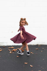 MID SLEEVE TWIRL DRESS- Black Cherry Ribbed - HoneyBug 