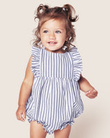 Baby's Twill Ruffled Romper in Navy French Ticking