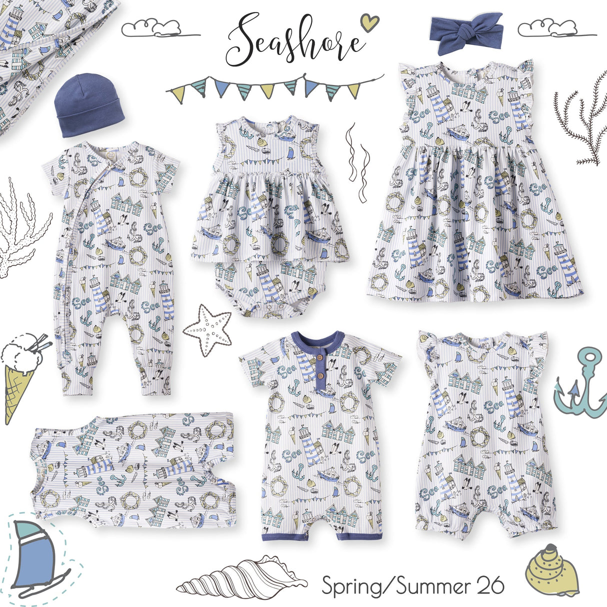 Seashore Baby Zipper Romper – Bamboo with Convertible Cuffs