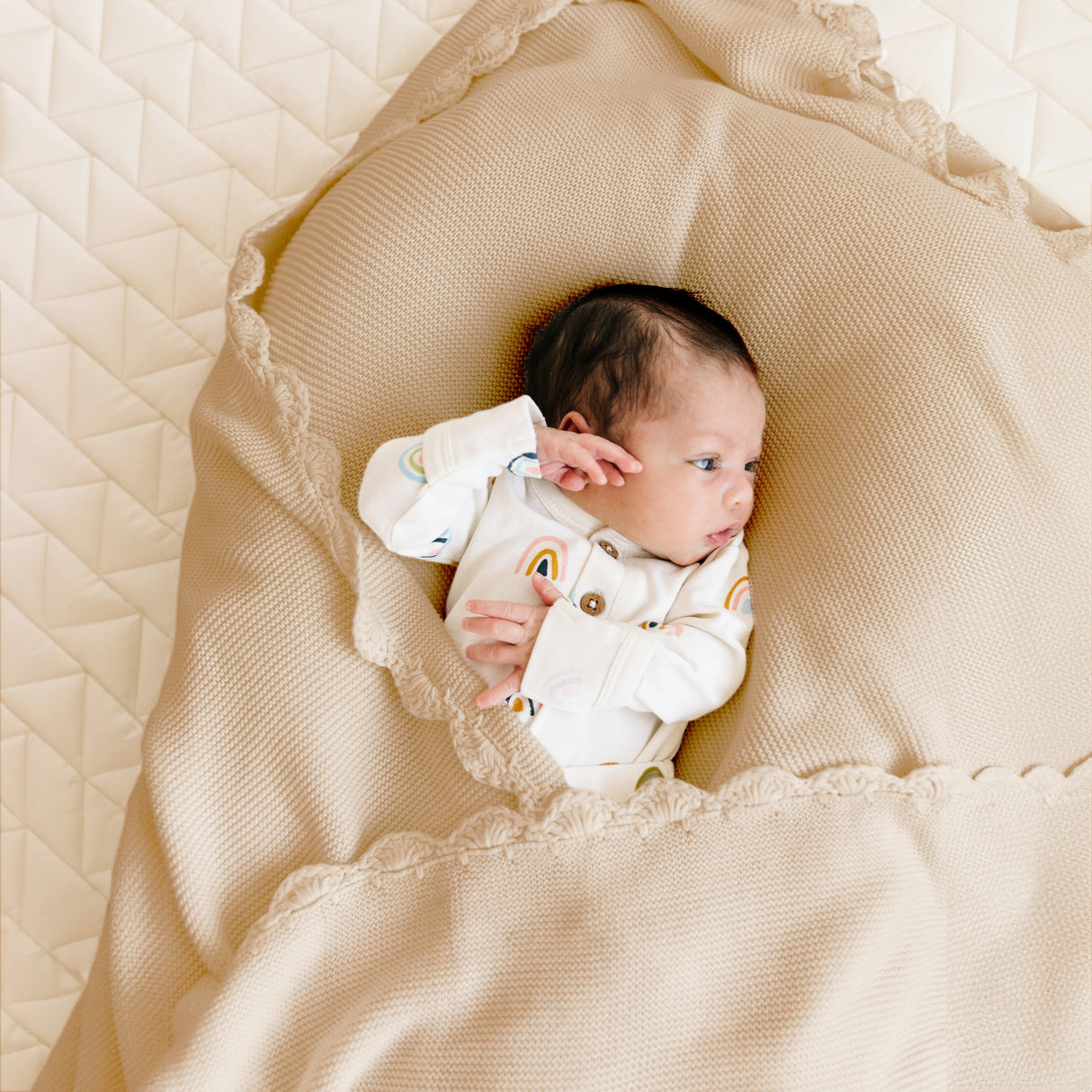 Organic Cotton Scalloped Baby Blanket - Sand - HoneyBug 
