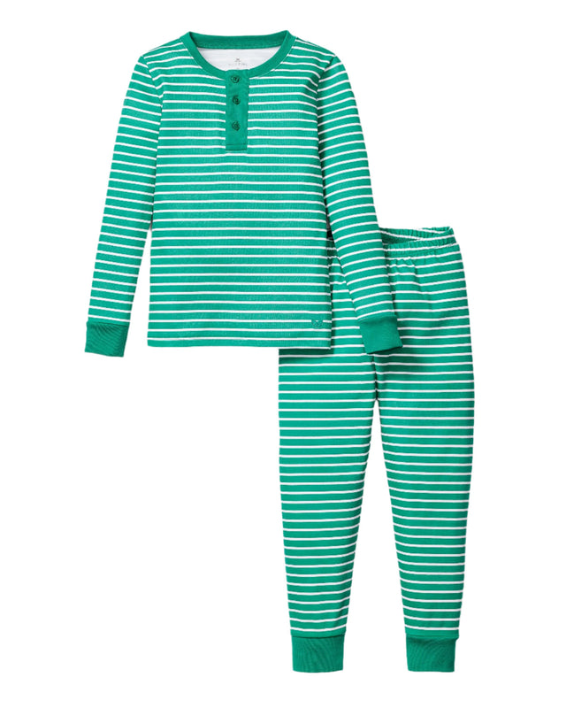 Kid's Pima Snug Fit Pajama Set in Green Stripe - HoneyBug 