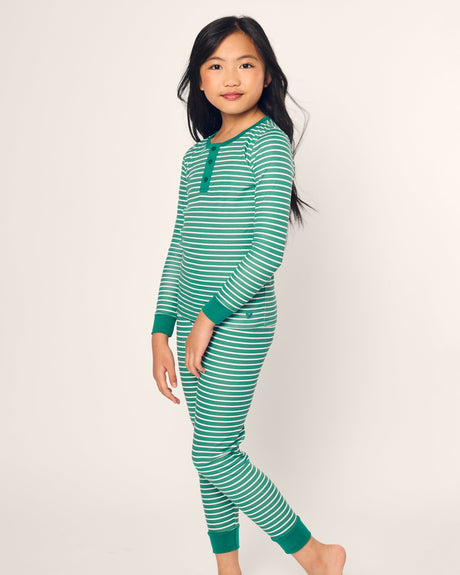 Kid's Pima Snug Fit Pajama Set in Green Stripe - HoneyBug 