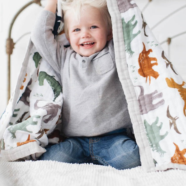 Cotton Muslin Quilted Throw - Dino Friends - HoneyBug 