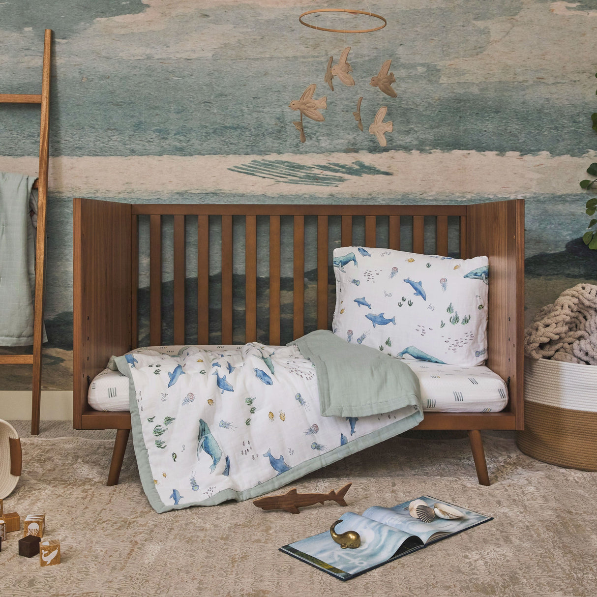 Cotton Muslin Toddler Bedding 3 Piece Set - Whales - HoneyBug 