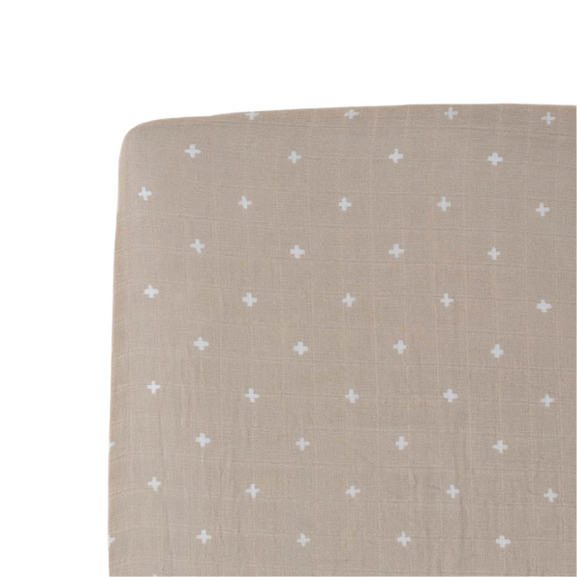 Cotton Muslin Crib Sheet - Taupe Cross - HoneyBug 