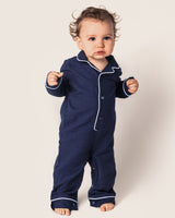 Baby's Flannel Romper in Navy with White Piping - HoneyBug 