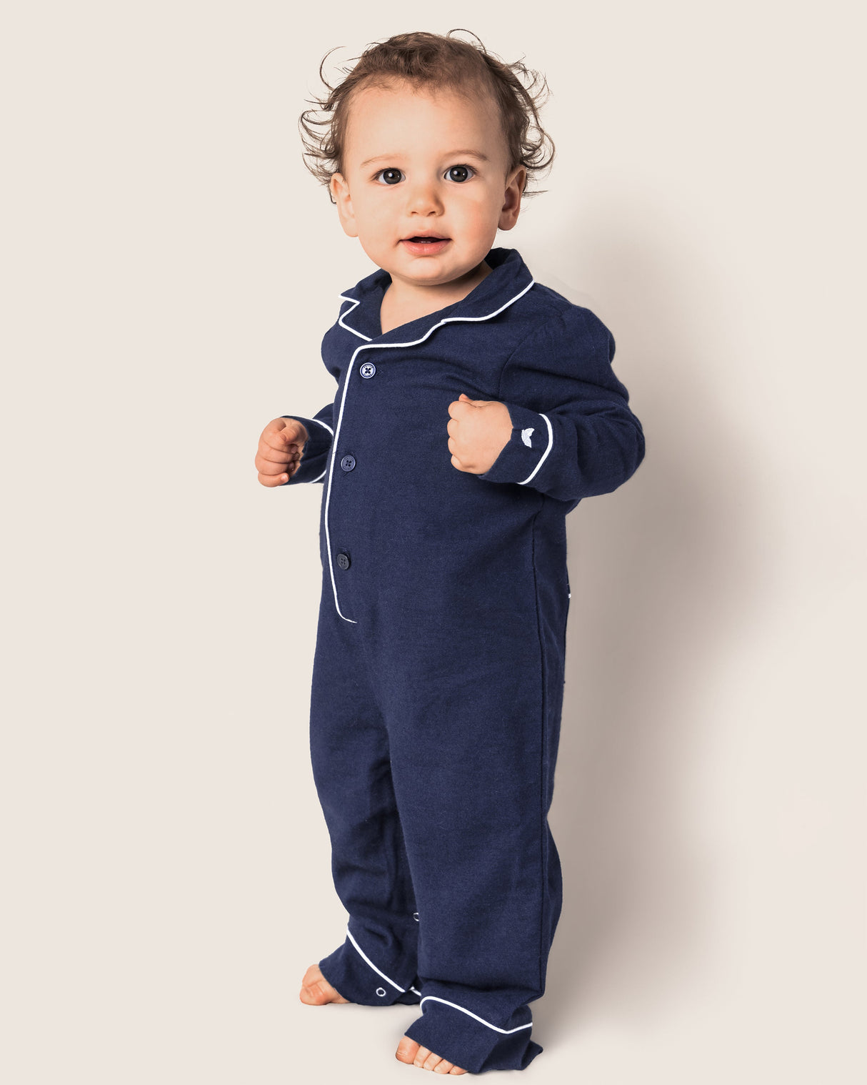 Baby's Flannel Romper in Navy with White Piping - HoneyBug 