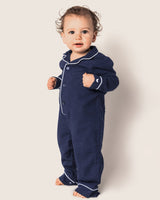 Baby's Flannel Romper in Navy with White Piping - HoneyBug 