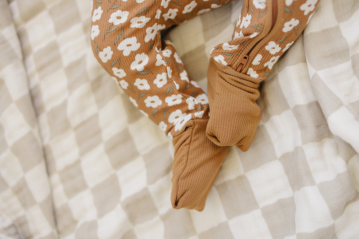 Mustard Floral Ribbed Bamboo Zipper - HoneyBug 