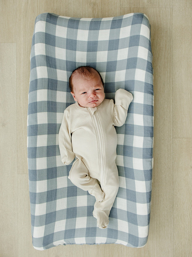 Dusty Blue Gingham Muslin Changing Pad Cover - HoneyBug 