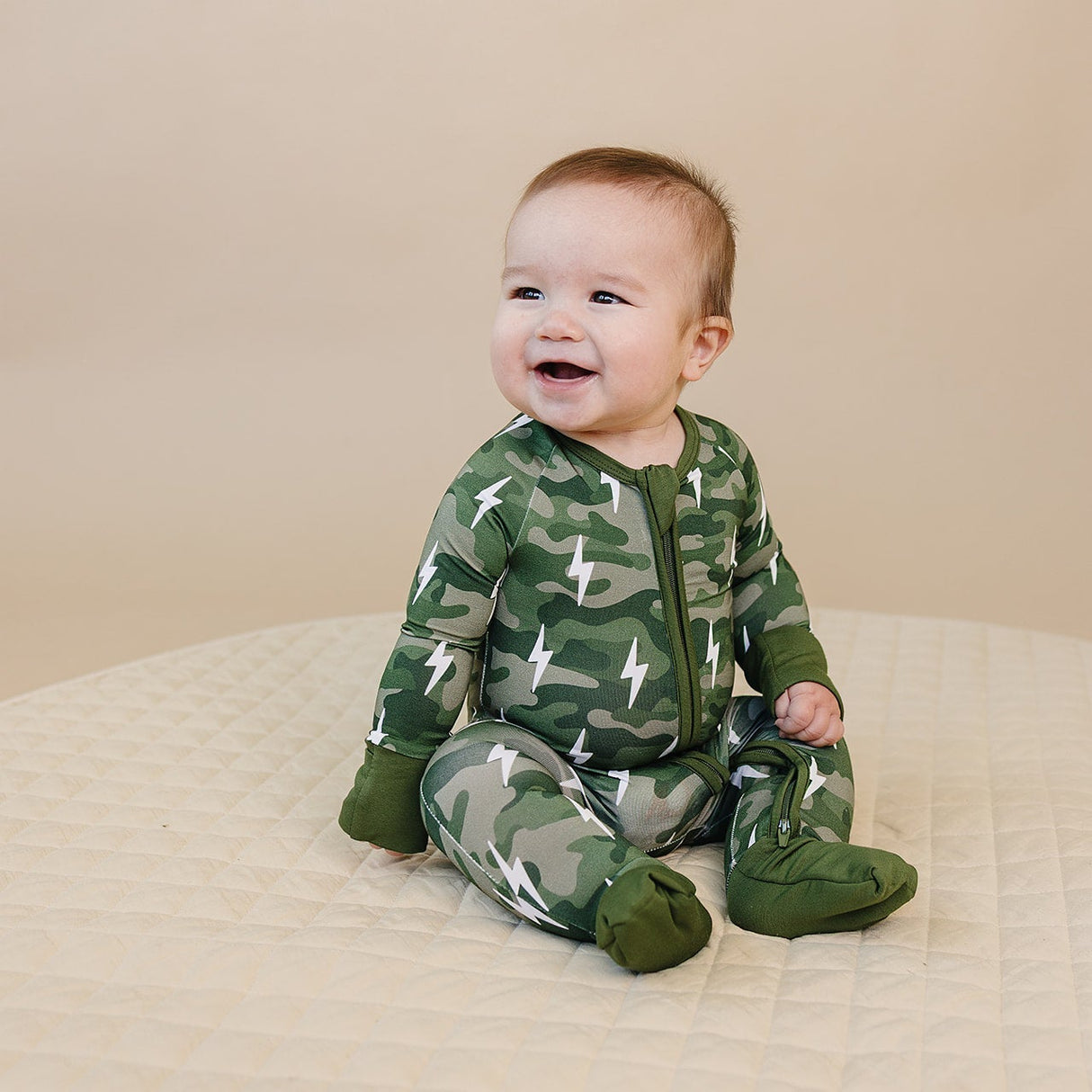 Bamboo Zip Romper | Green Camo Bolts
