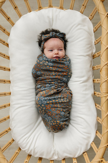 Navy Floral Bamboo Stretch Swaddle - HoneyBug 