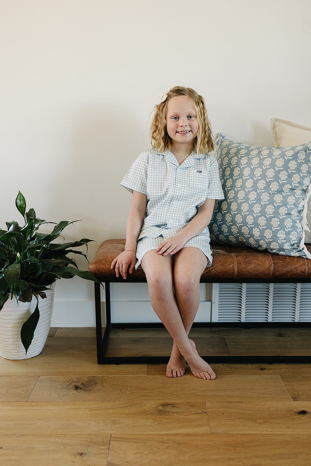 Light Blue Gingham Short Pajama Set - HoneyBug 