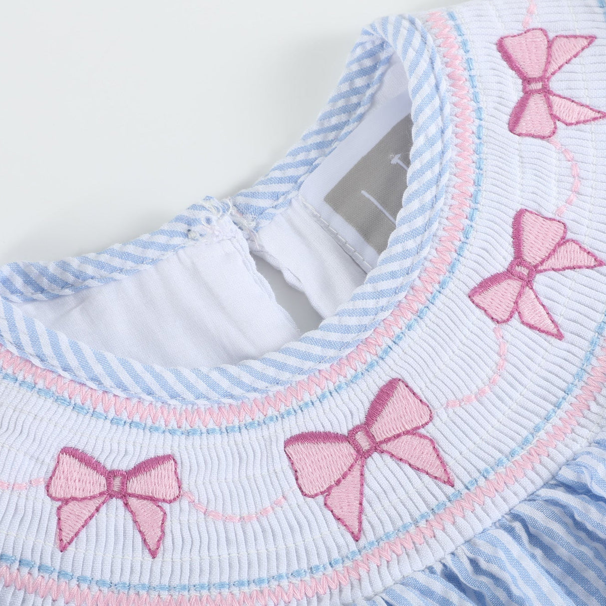 Blue Seersucker Bow Smocked Bishop Dress