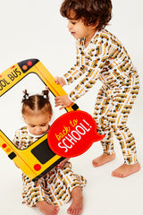 Stretchy Short Sleeve Twirl Dress - School Buses - HoneyBug 