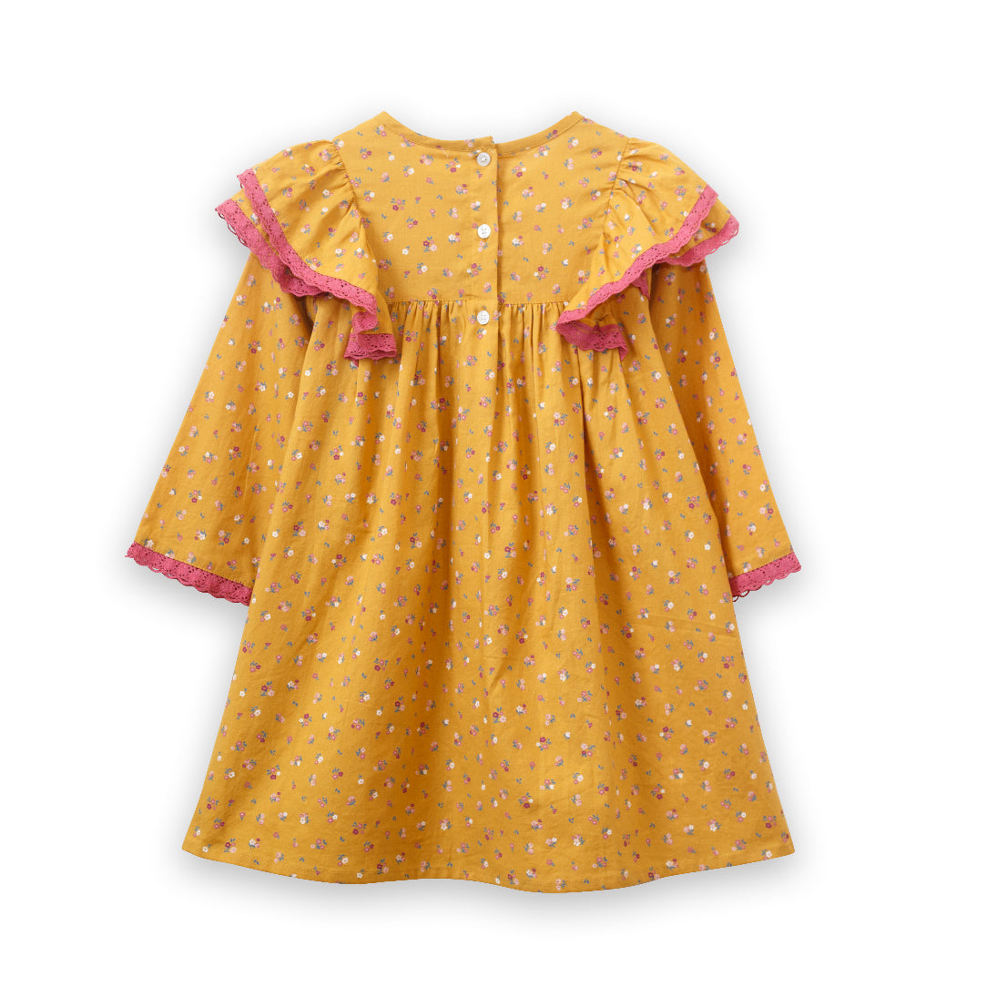 Toddler Flutter Sleeves Dress with Lace Trim | Charlotte Provence Meadow - HoneyBug 