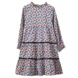 Girls' Long Sleeves Tiered Skirt Dress with Velvet Trim | Blue and Mustard - HoneyBug 