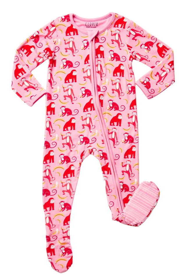 Soft & Stretchy Zipper Footie - Monkeying Around Pink - HoneyBug 