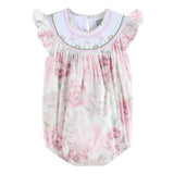 Pink and White Peony Bunny Smocked Flutter Romper
