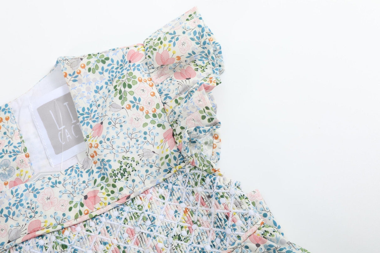 Pink Floral Print Smocked Flutter Dress