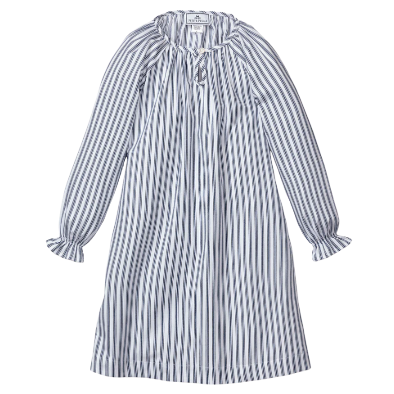Girl's Twill Delphine Nightgown in Navy French Ticking - HoneyBug 