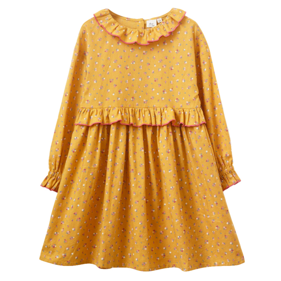Girls' Ruffle Collar Long Sleeve Dress | Mustard and Pink - HoneyBug 