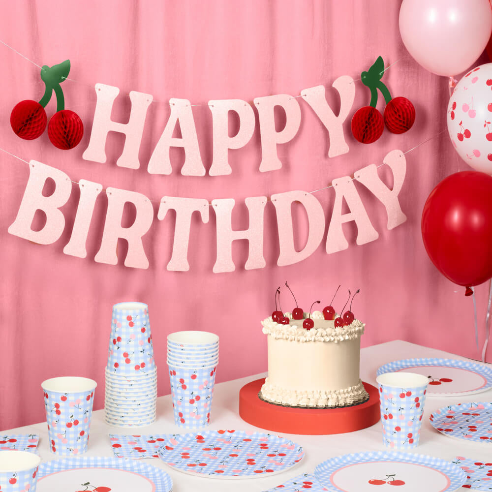 Cherry Birthday Bundle - Tableware, Balloons, Banner + Tats