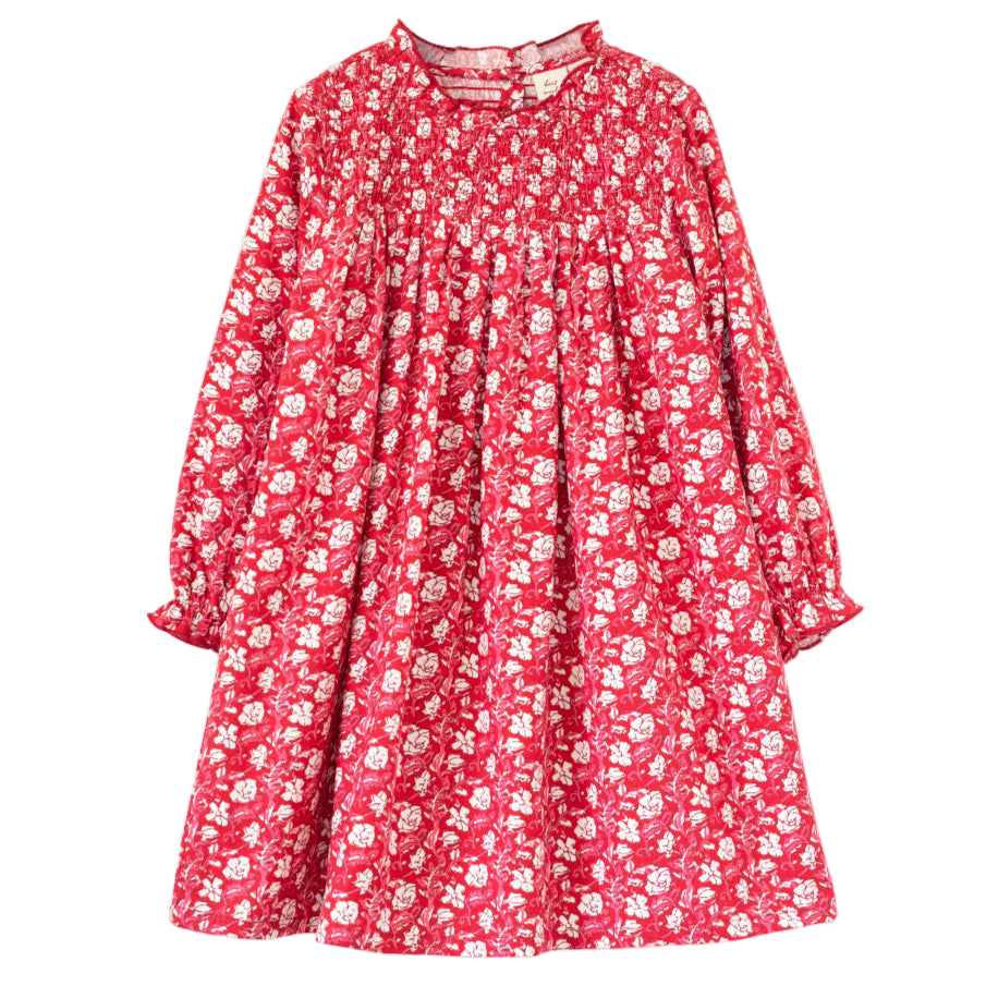 Girls' Smocked Long Sleeves Dress | Red and White Floral - HoneyBug 