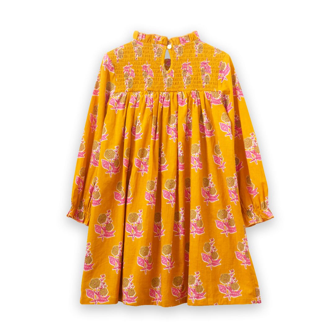 Girls' Smocked Long Sleeve Dress | Mustard and Pink - HoneyBug 
