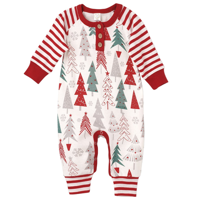 Christmas Trees Henley Cotton Romper - HoneyBug 