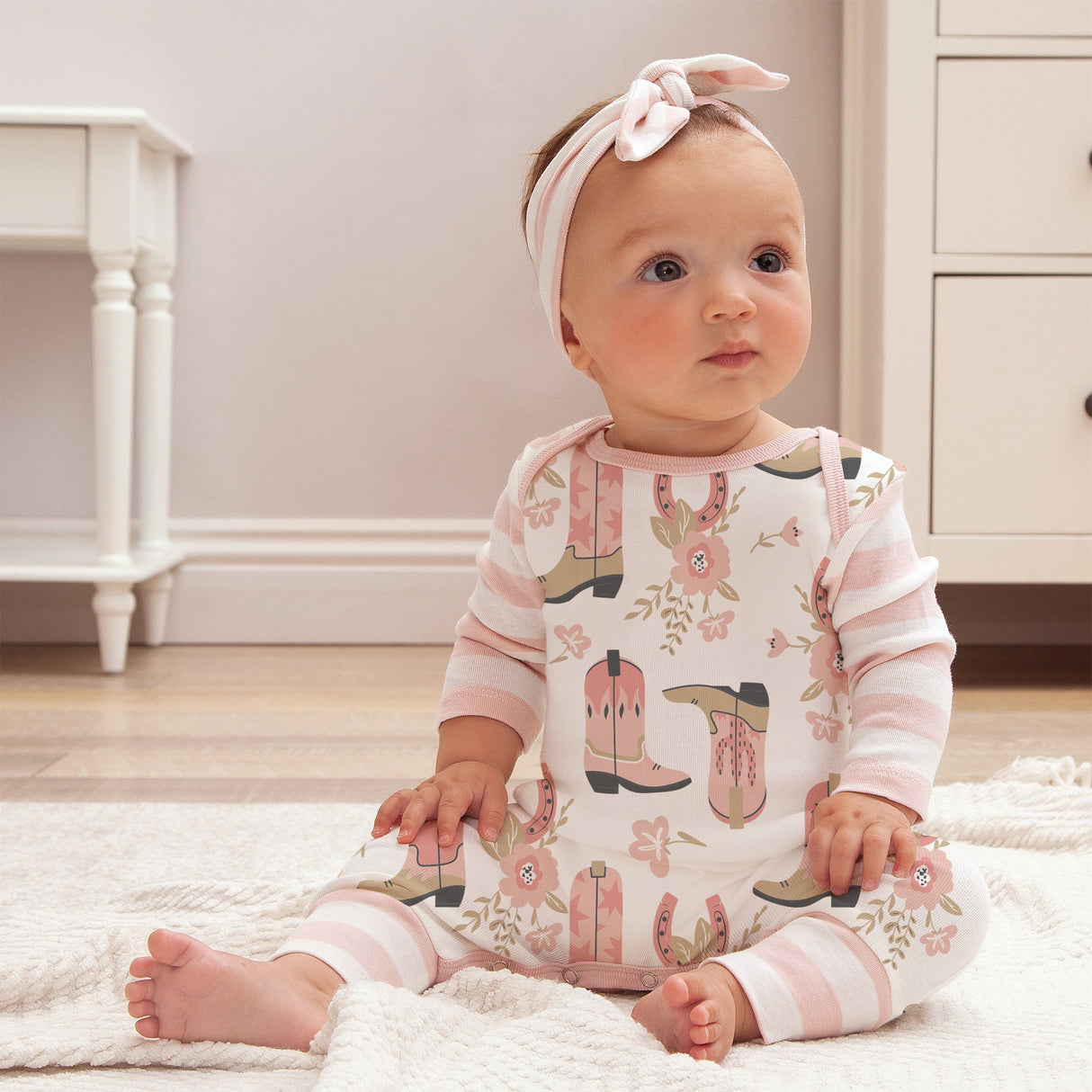 Cowgirl Boots Bamboo Romper w/Pink Stripe Sleeves - HoneyBug 
