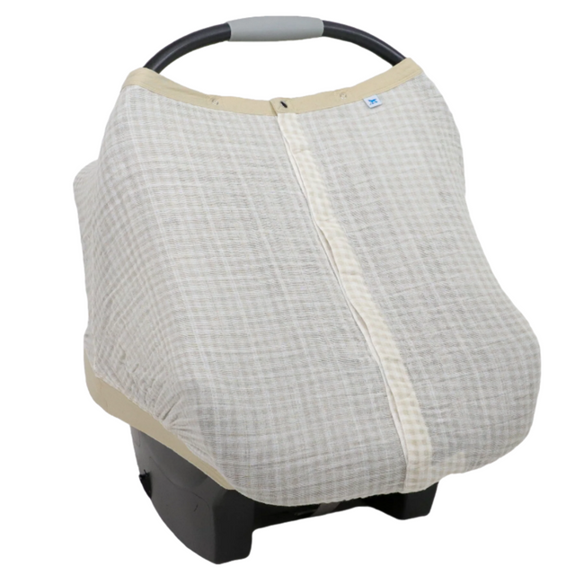 Cotton Muslin Car Seat Canopy - Tan Gingham - HoneyBug 