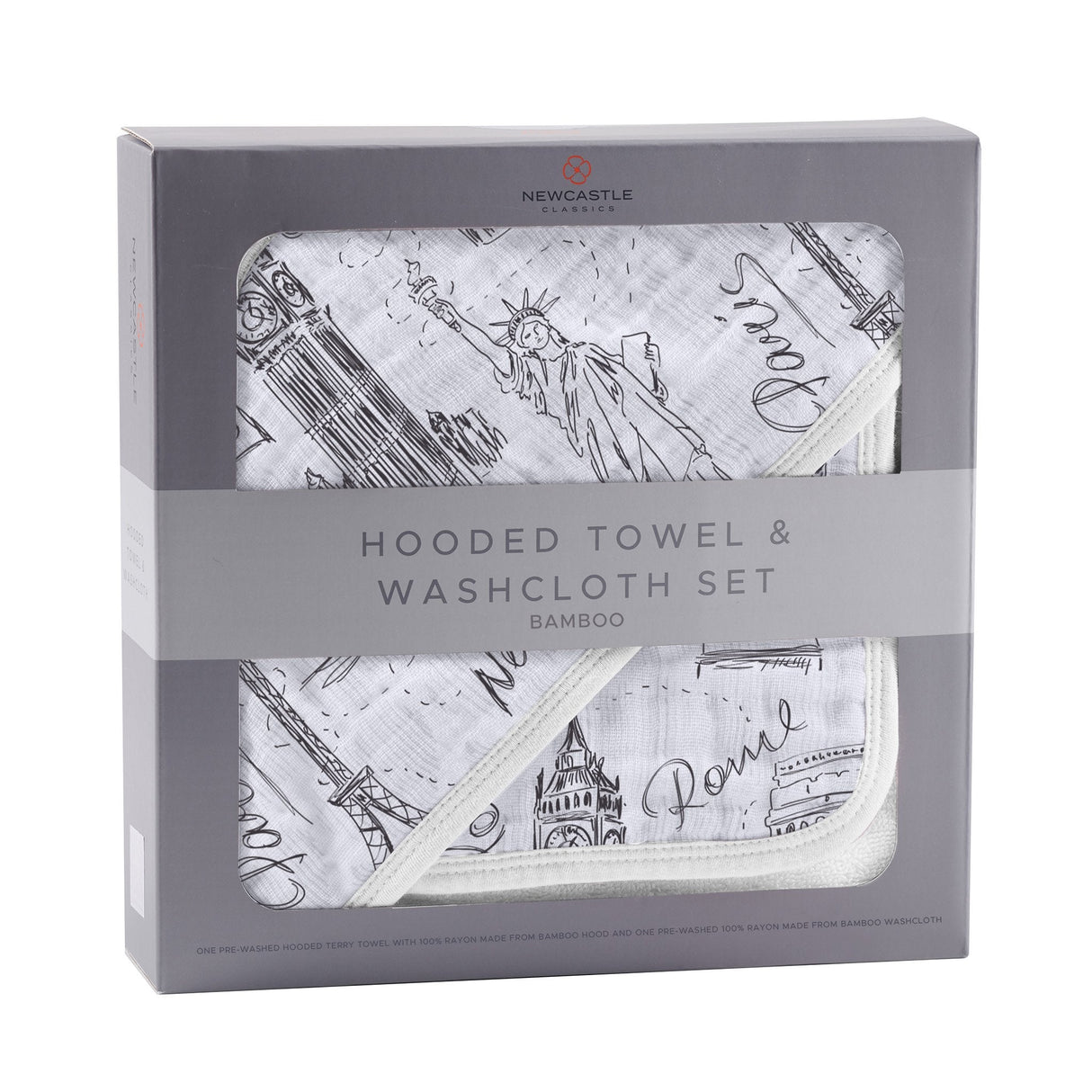 London, Paris, New York Hooded Towel and Washcloth Set - HoneyBug 