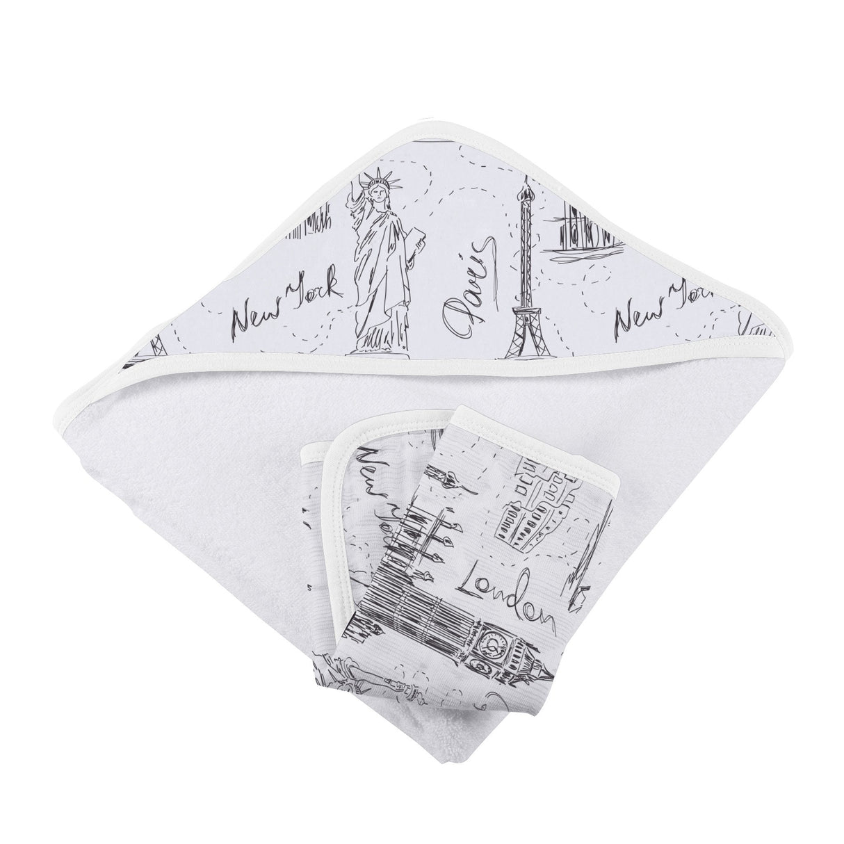 London, Paris, New York Hooded Towel and Washcloth Set - HoneyBug 