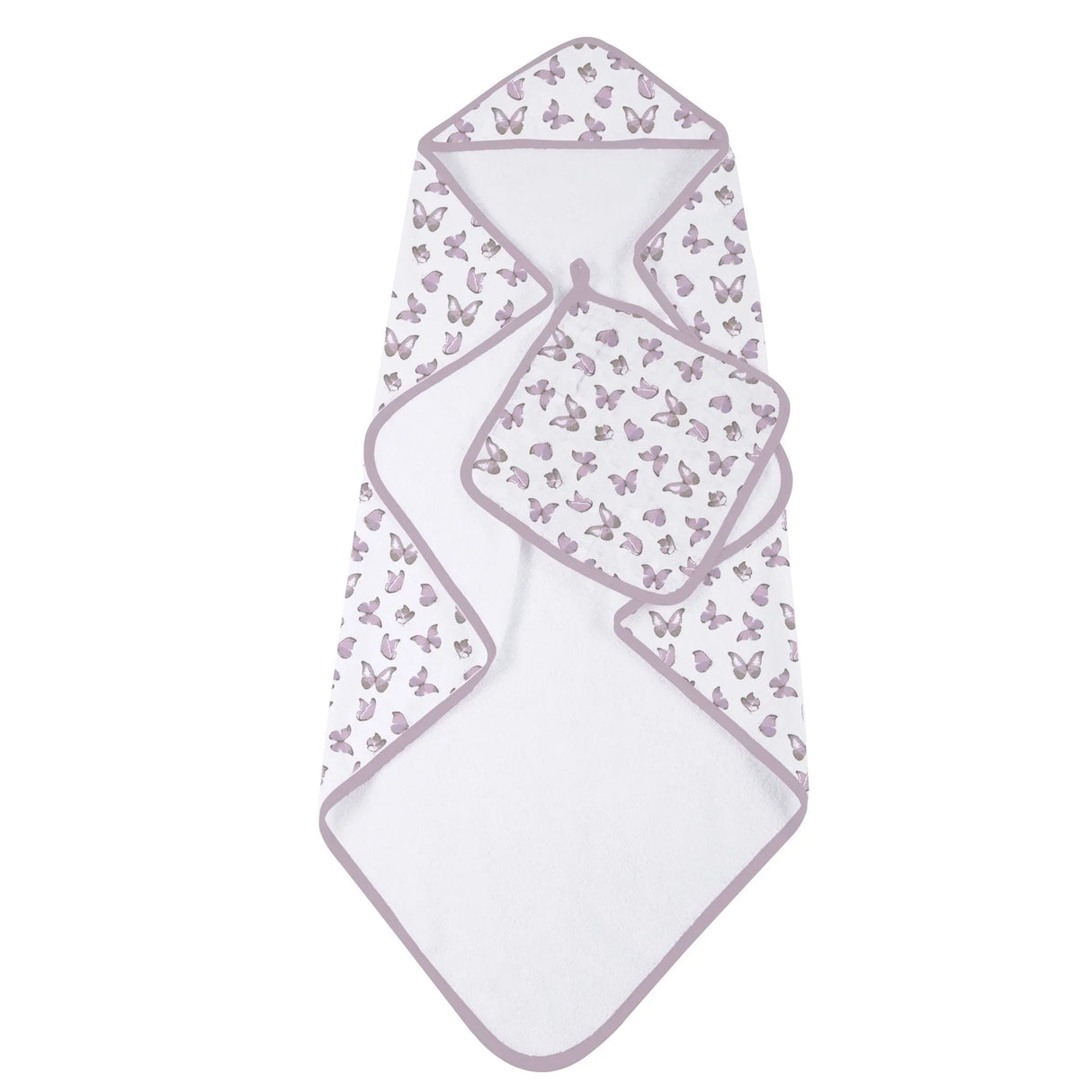 Winsome Butterflies Cotton Hooded Towel and Washcloth Set - HoneyBug 