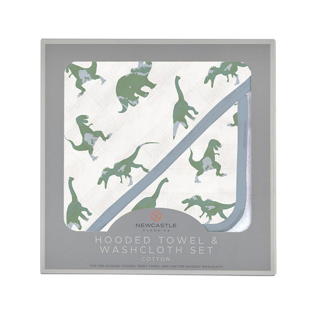 Granite Green Dinosaurs Cotton Hooded Towel and Washcloth Set - HoneyBug 