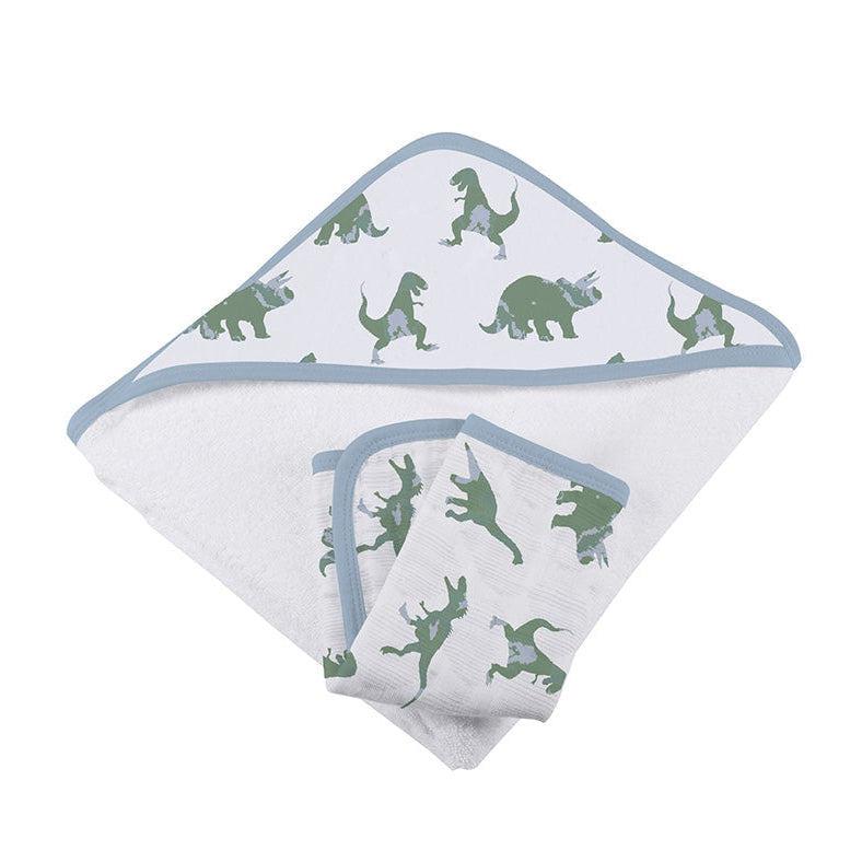 Granite Green Dinosaurs Cotton Hooded Towel and Washcloth Set - HoneyBug 